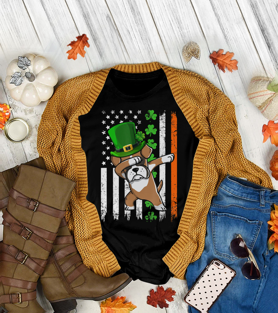 Dabbing Boxer Dog Leprechaun Hat American Irish Flag T-Shirt