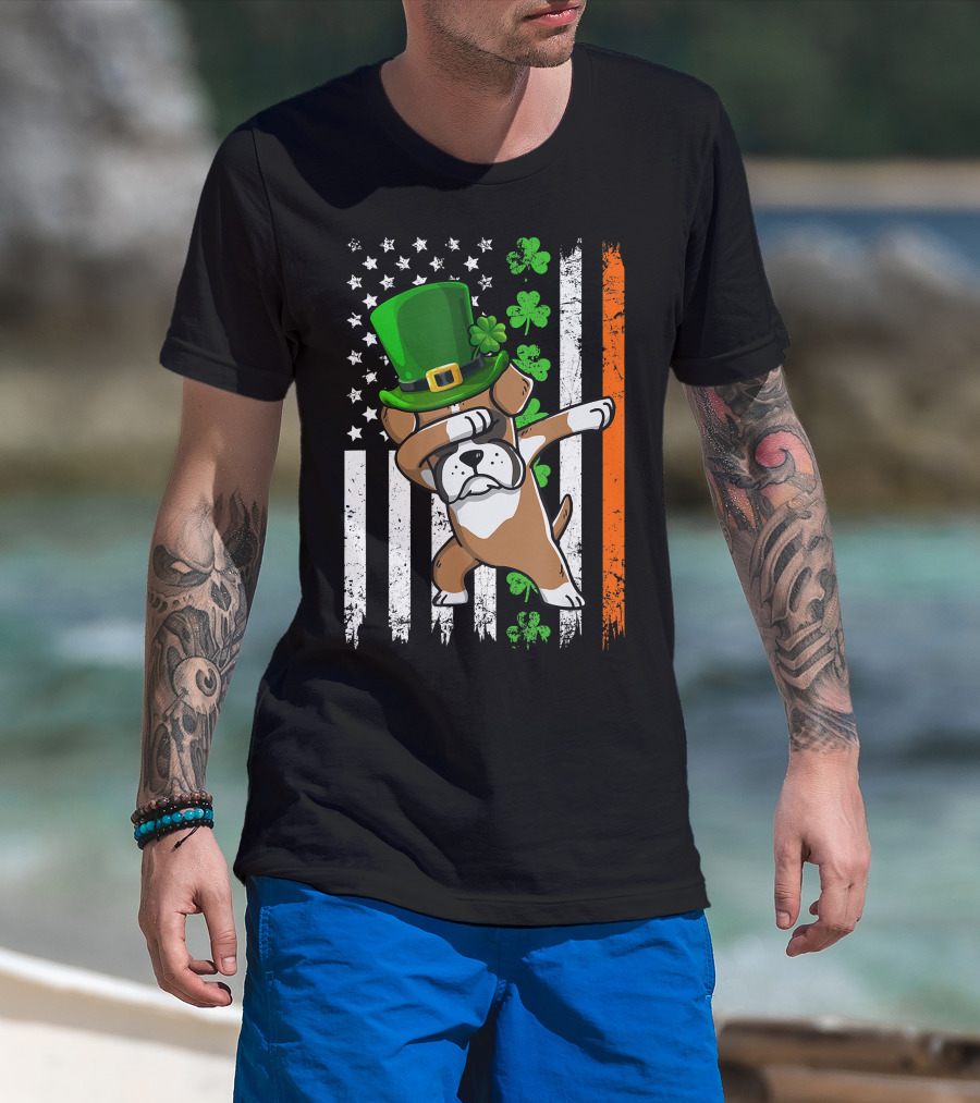 Dabbing Boxer Dog Leprechaun Hat American Irish Flag T-Shirt