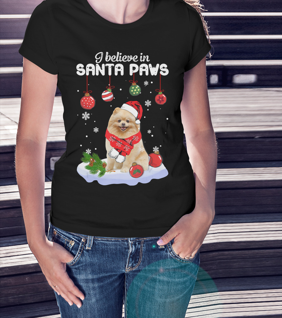 I Believe In Santa Paws Pomeranian Festive Christmas Ornaments Snowflakes T-Shirt