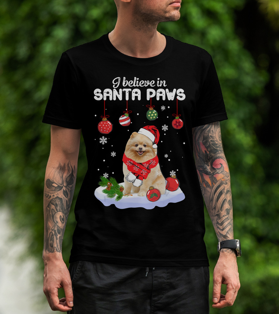 I Believe In Santa Paws Pomeranian Festive Christmas Ornaments Snowflakes T-Shirt
