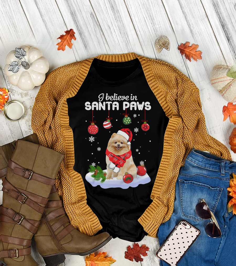 I Believe in Santa Paws Pomeranian Festive Christmas Ornaments Snowflakes T-Shirt