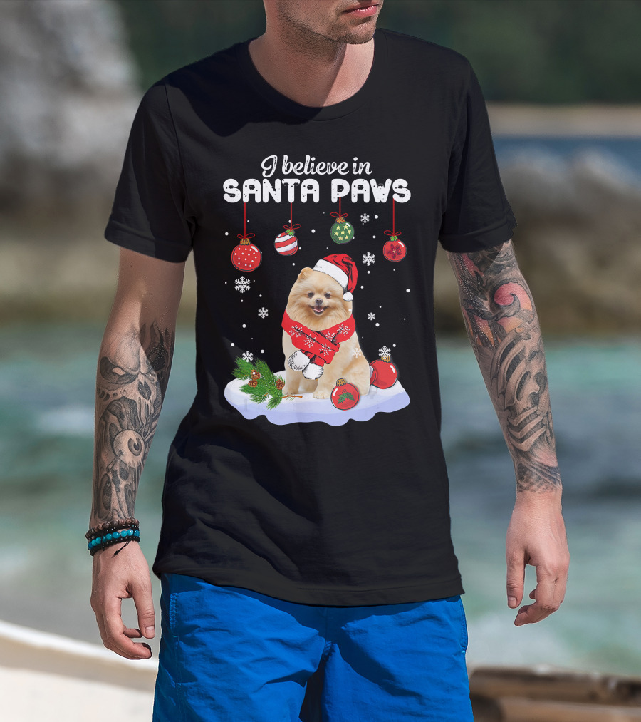 I Believe In Santa Paws Pomeranian Festive Christmas Ornaments Snowflakes T-Shirt