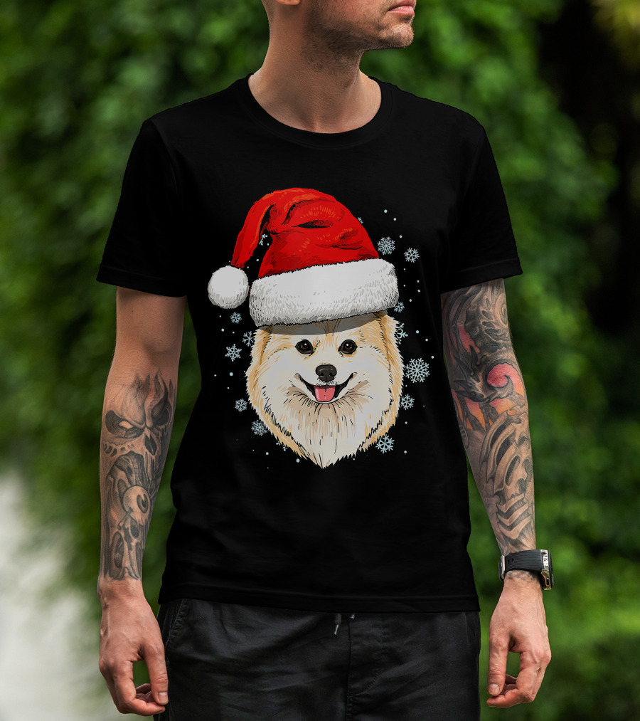 Pomeranian Santa Hat Snowflakes Christmas T-Shirt