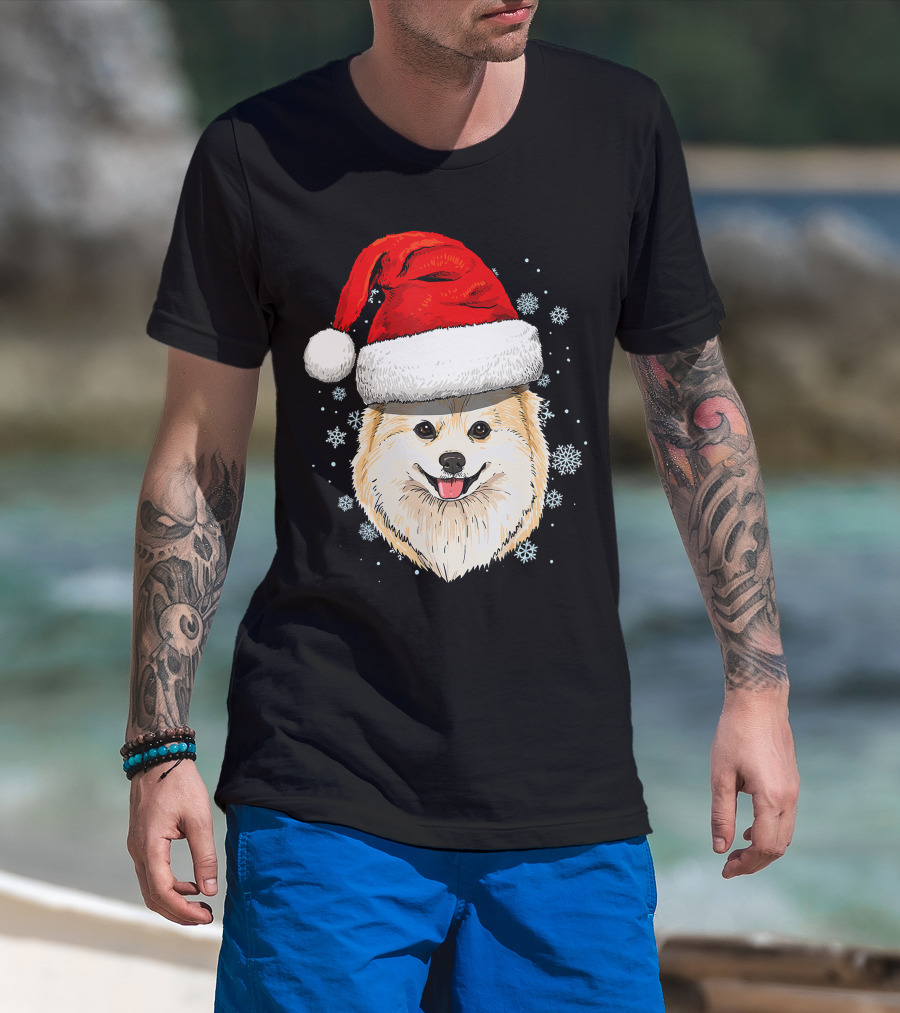 Pomeranian Santa Hat Snowflakes Christmas T-Shirt