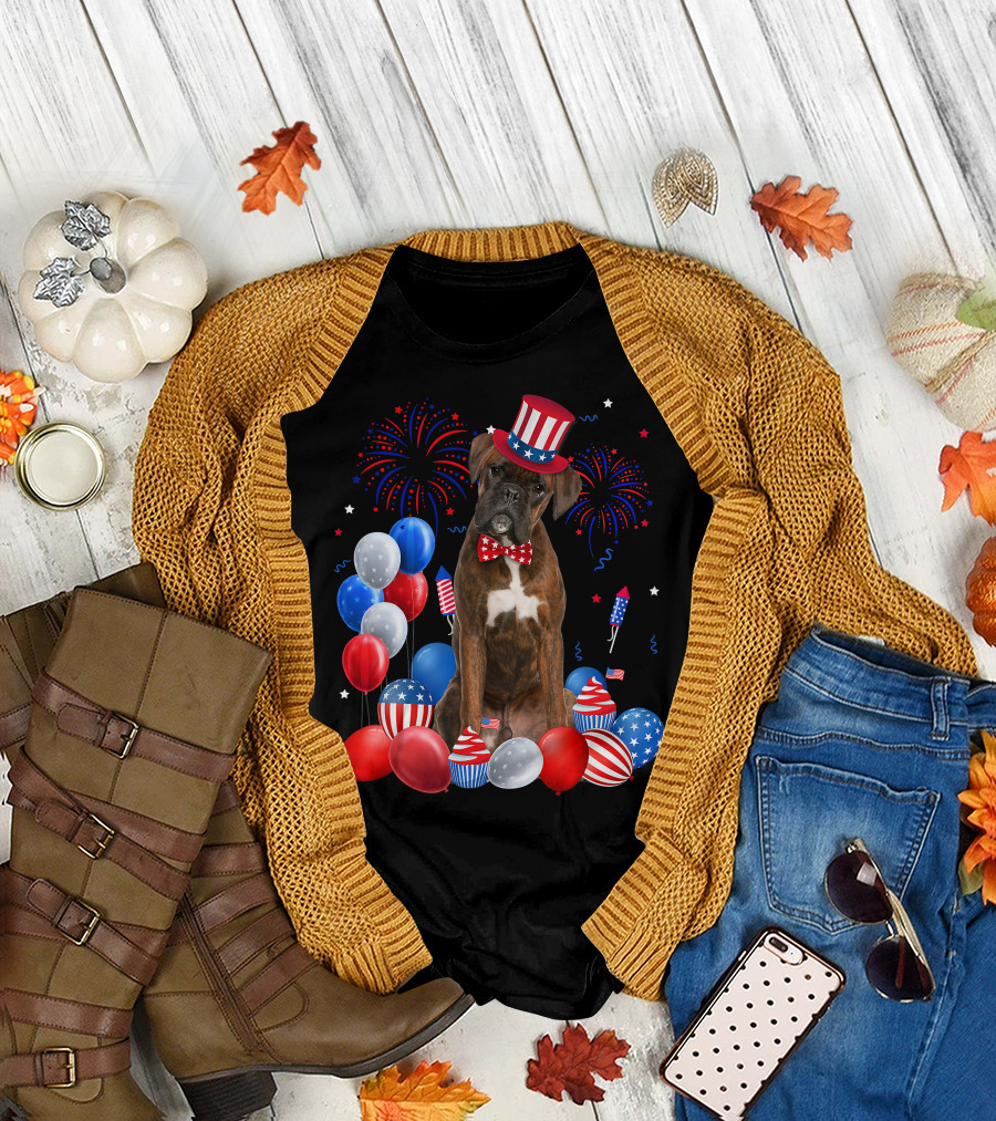 Boxer Dog with Patriotic Hat and Bowtie Surrounded by 4th of July Balloons Fireworks and Rockets T-Shirt