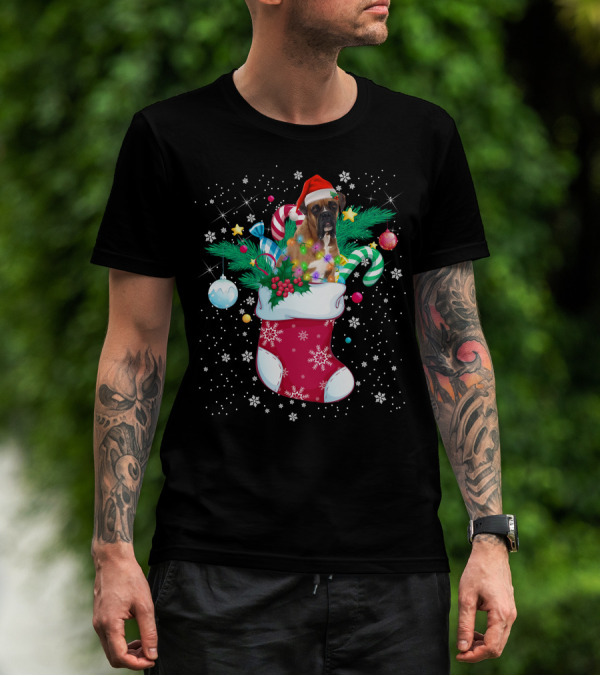 Boxer Dog In Santa Hat With Candy Canes In Christmas Stocking T-Shirt