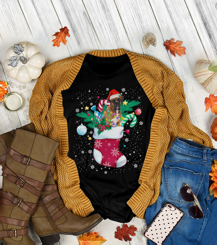 Boxer Dog in Santa Hat with Candy Canes in Christmas Stocking T-Shirt
