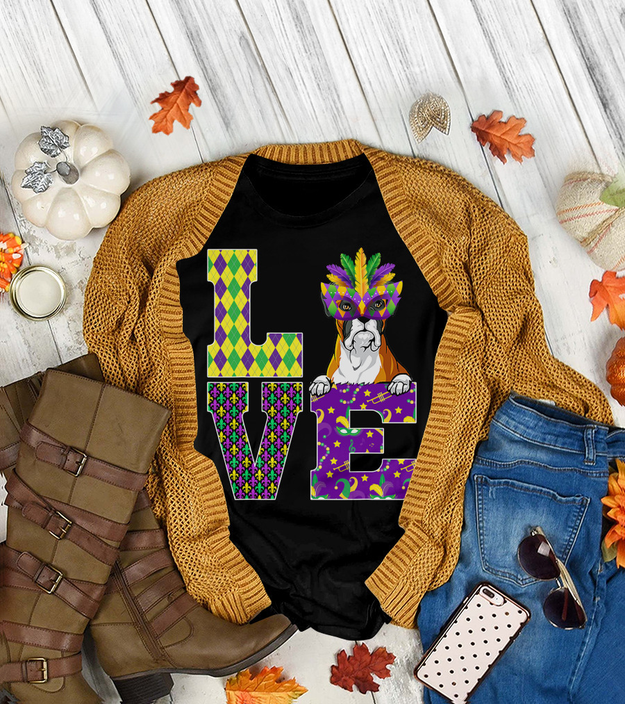Boxer Dog Lover Mardi Gras Costume Mask Fleur De Lis Pattern Love T-Shirt