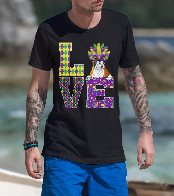 Boxer Dog Lover Mardi Gras Costume Mask Fleur De Lis Pattern Love T-Shirt