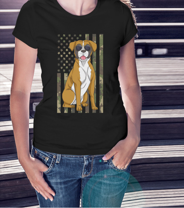 Boxer Dog Men Women Boxer Dad Mom Camo USA Flag Sunglasses T-Shirt