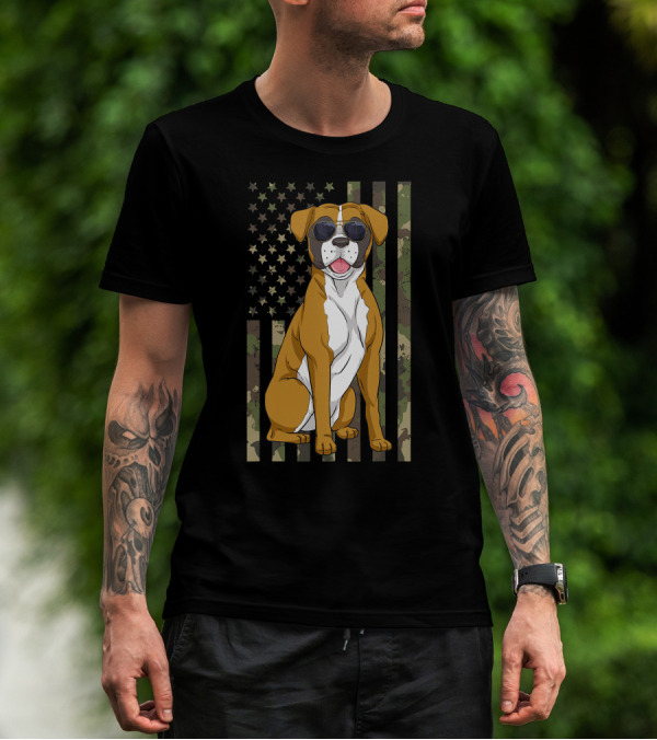 Boxer Dog Men Women Boxer Dad Mom Camo USA Flag Sunglasses T-Shirt