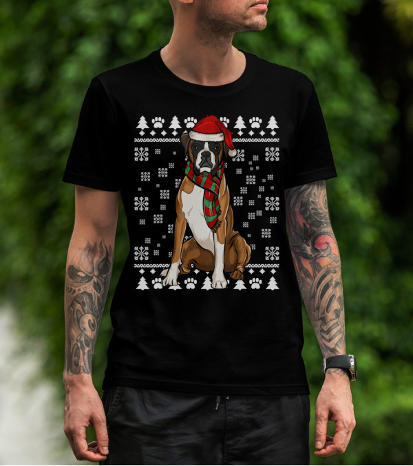 Boxer Dog Santa Hat Christmas Snowflakes Paw Prints Ugly T-Shirt