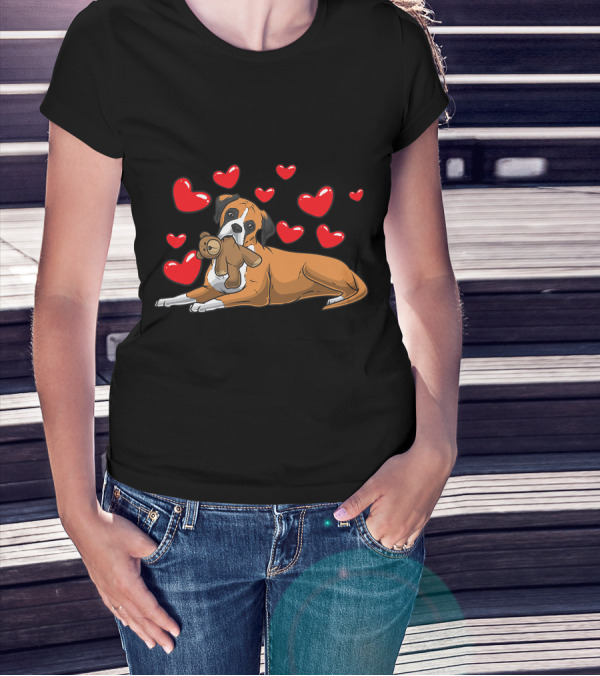 Boxer Dog Cuddling Teddy Bear Surrounded By Red Hearts T-Shirt