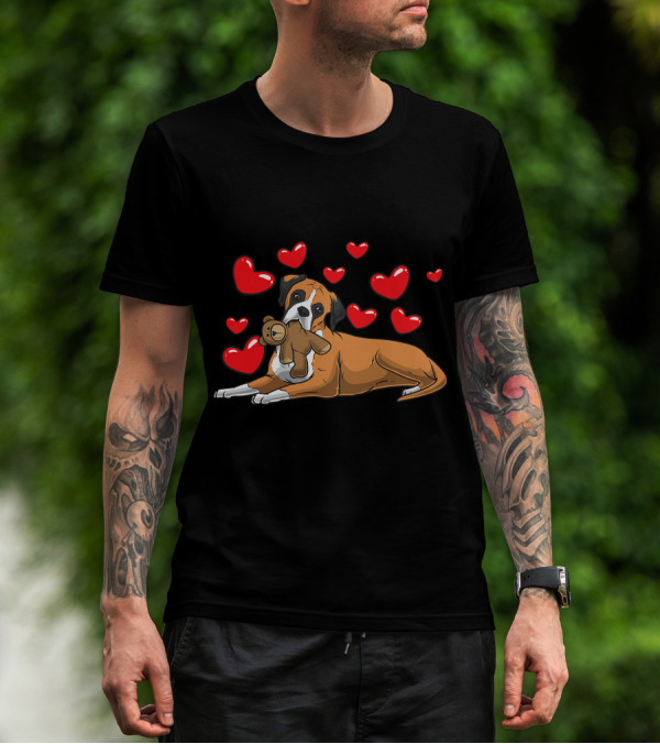 Boxer Dog Cuddling Teddy Bear Surrounded By Red Hearts T-Shirt