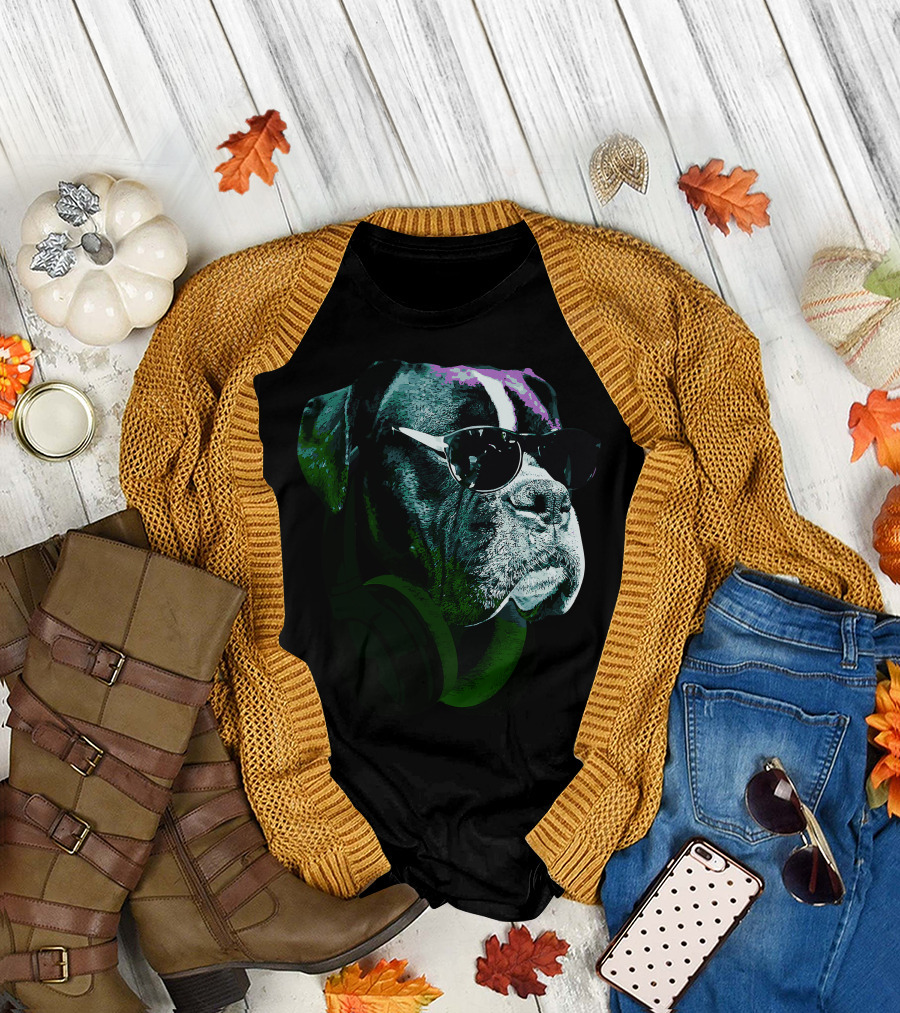 Boxer Dog With Sunglasses and Headphones Vintage Cool Canine T-Shirt