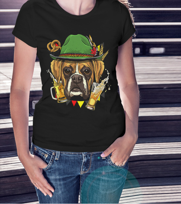 Oktoberfest Boxer Dog Lederhosen Beer Pretzel Hat T-Shirt