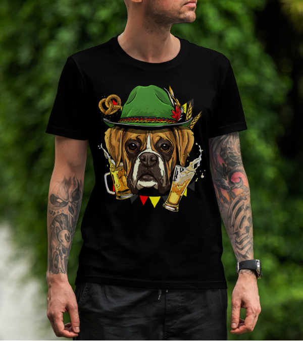 Oktoberfest Boxer Dog Lederhosen Beer Pretzel Hat T-Shirt