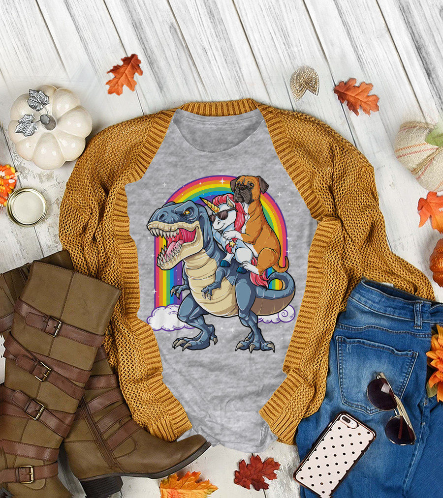 Boxer Riding Dinosaur Unicorn T-Shirt