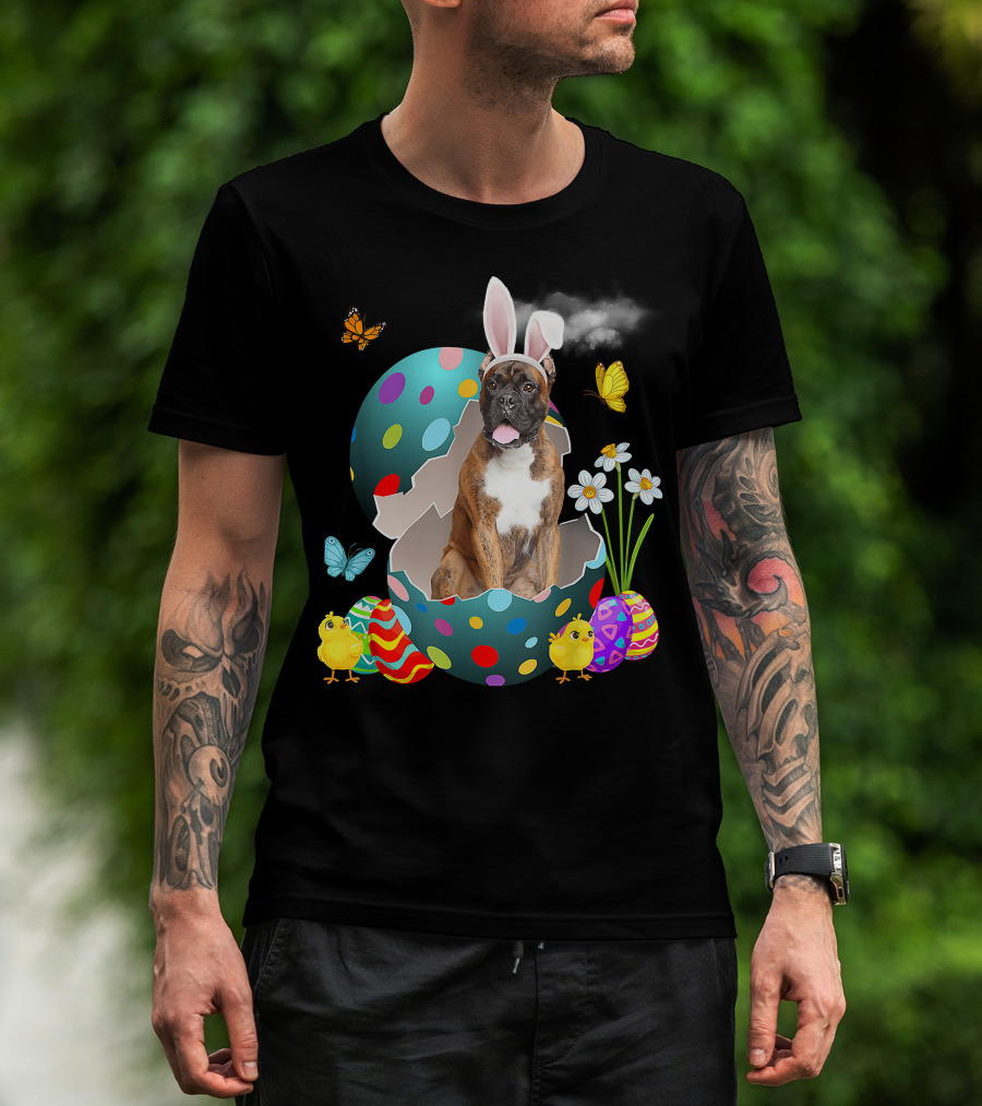 Bunny Boxer Dog With Easter Eggs Chicks Butterflies And Flowers T-Shirt