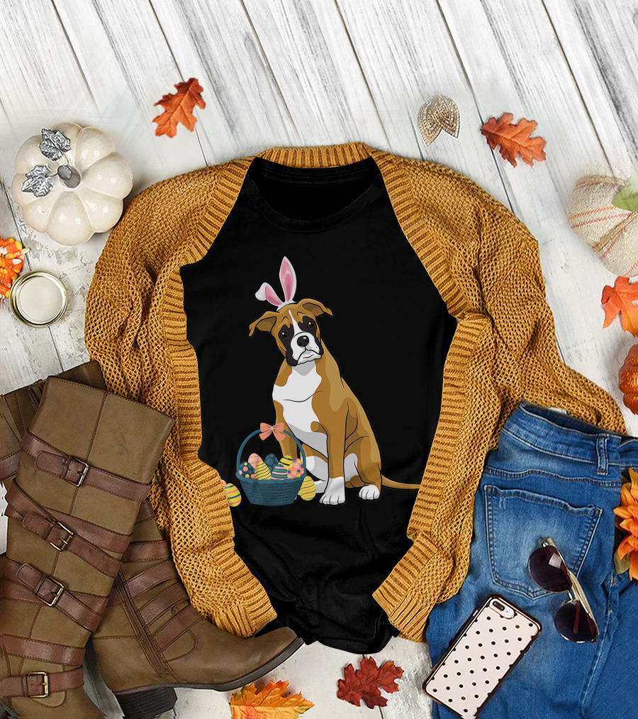 Bunny Ears Boxer Dog Cute Doge Rabbit with Easter Eggs Basket T-Shirt