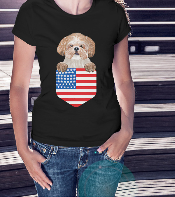 Shih Tzu Dog In American Flag Pocket T-Shirt