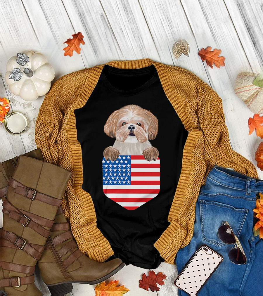 Shih Tzu Dog in American Flag Pocket T-Shirt