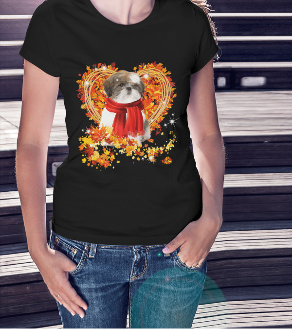 Baby Shih Tzu Love Autumn Fall Season With Heart Leaves T-Shirt