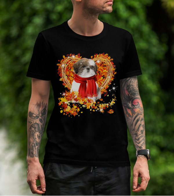 Baby Shih Tzu Love Autumn Fall Season With Heart Leaves T-Shirt