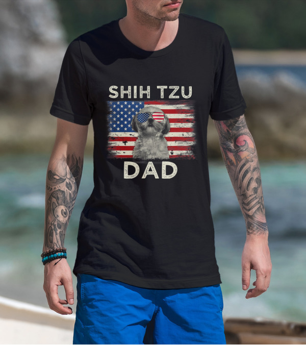 Shih Tzu Dad Ever American Flag Father's Day T-Shirt