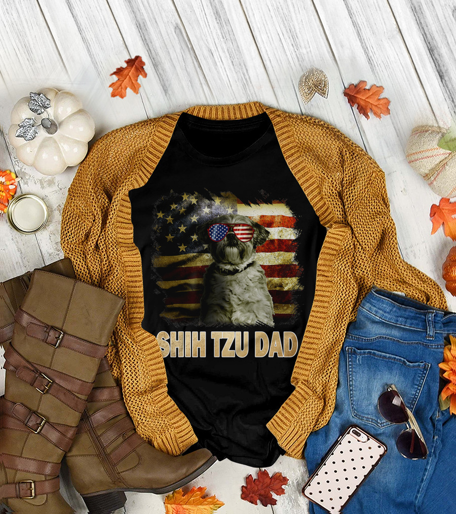 Shih Tzu Dad American Flag Glasses Patriotic Dog Holiday T-Shirt