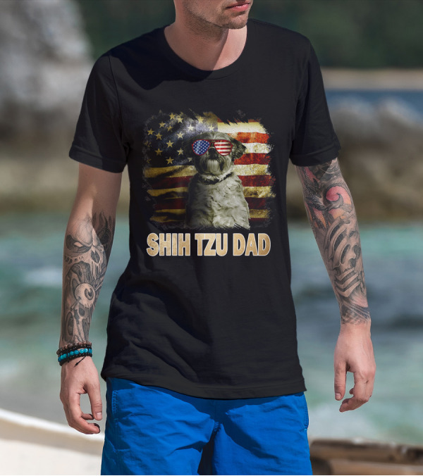 Shih Tzu Dad American Flag Glasses Patriotic Dog Holiday T-Shirt