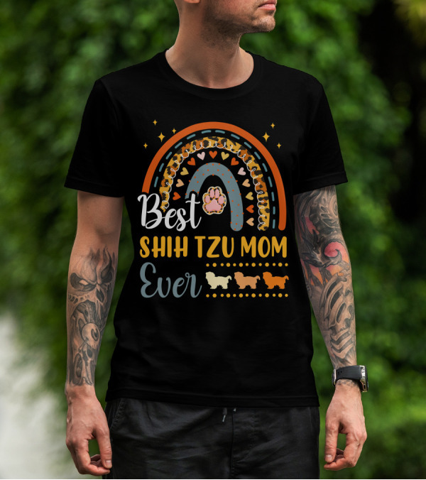 Shih Tzu Mom Ever Paw Print Rainbow Hearts T-Shirt