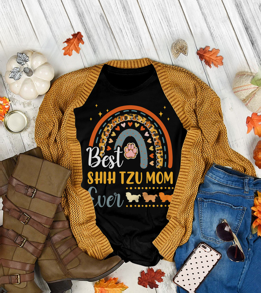 Shih Tzu Mom Ever Paw Print Rainbow Hearts T-Shirt