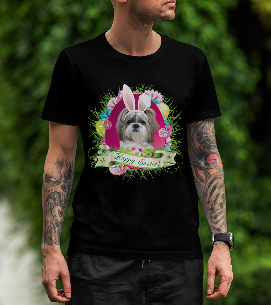 Happy Easter Bunny Shih Tzu Dog With Flowers And Eggs T-Shirt