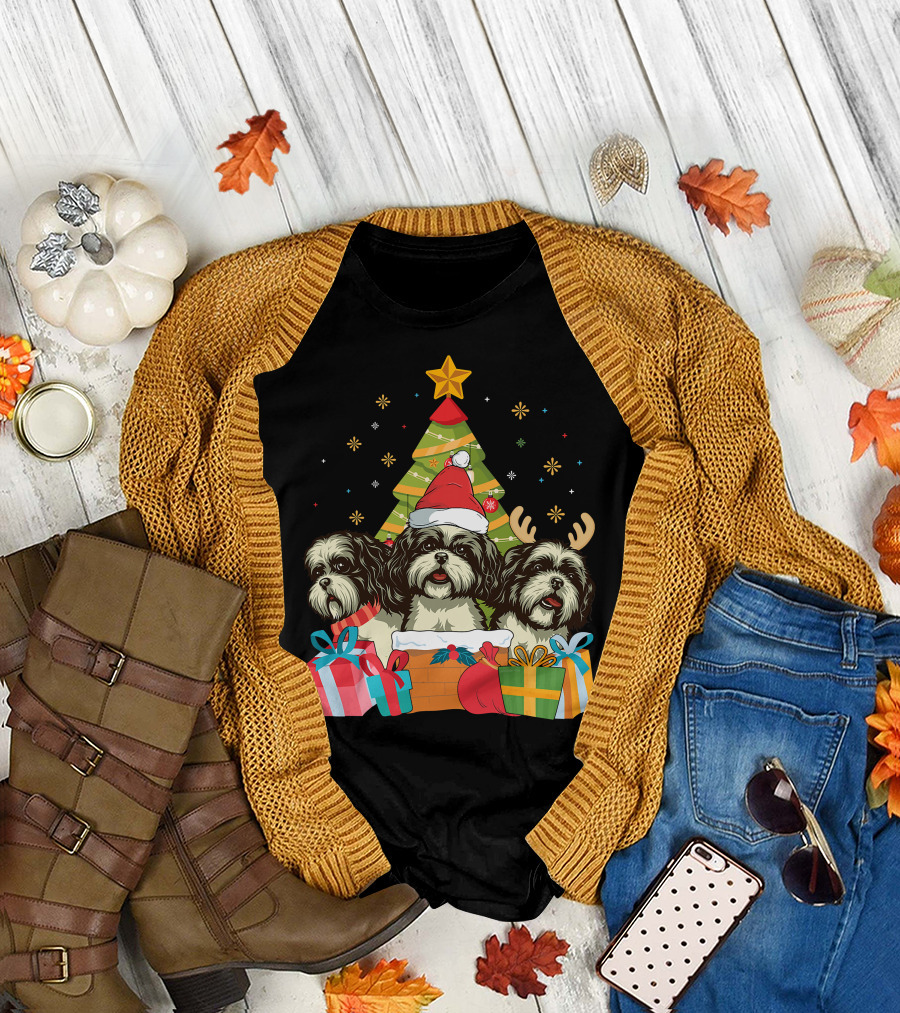 Christmas Shih Tzu Dogs with Santa Hat and Antlers by Xmas Tree T-Shirt