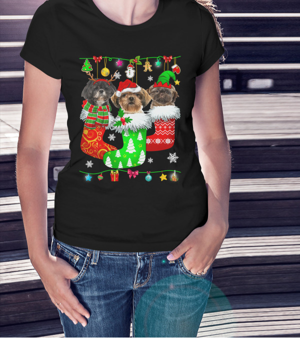Christmas Shih Tzu Dogs In Festive Holiday Socks Pajama Lover T-Shirt