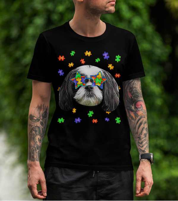 Autism Shih Tzu Dog Wearing Star Puzzle Piece Sunglasses With Colorful Pet Puzzle Surrounding T-Shirt