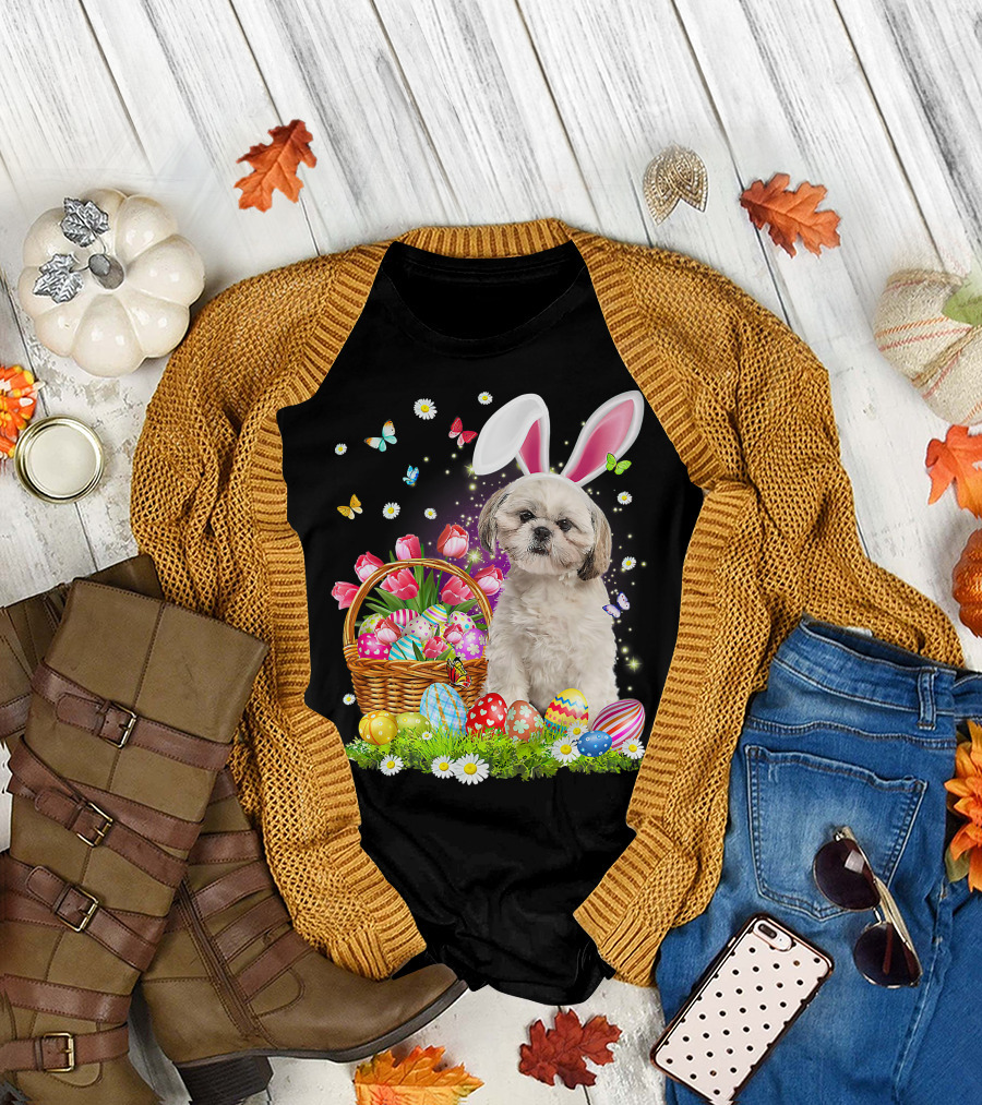 Shih Tzu Bunny Ears with Easter Eggs and Flower Basket T-Shirt