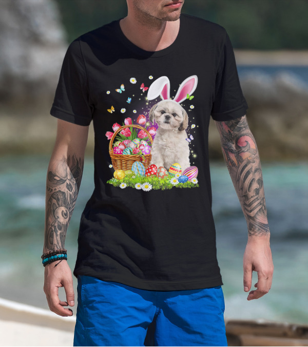 Shih Tzu Bunny Ears With Easter Eggs And Flower Basket T-Shirt