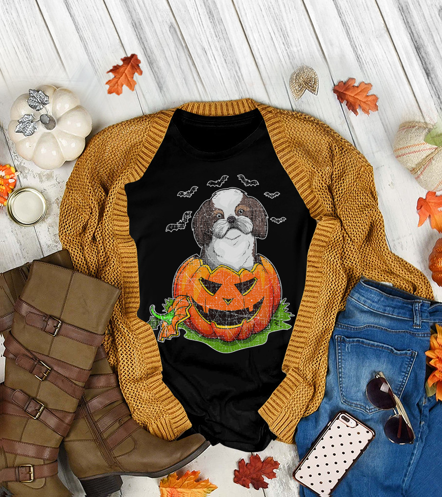Cute Shih Tzu in Halloween Pumpkin with Bats T-Shirt