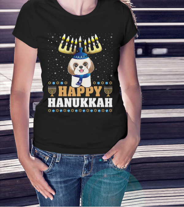 Cute Menorah Chanukah Funny Shih Tzu Happy Hanukkah T-Shirt