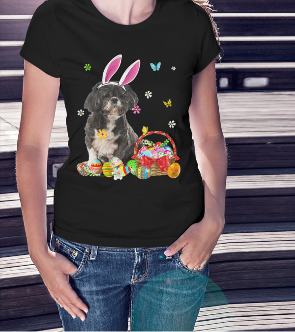 Shih Tzu Happy Easter Dog Lover Bunny Ears And Easter Egg Basket T-Shirt