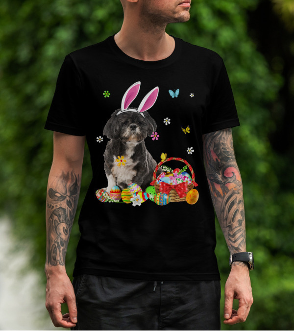 Shih Tzu Happy Easter Dog Lover Bunny Ears And Easter Egg Basket T-Shirt