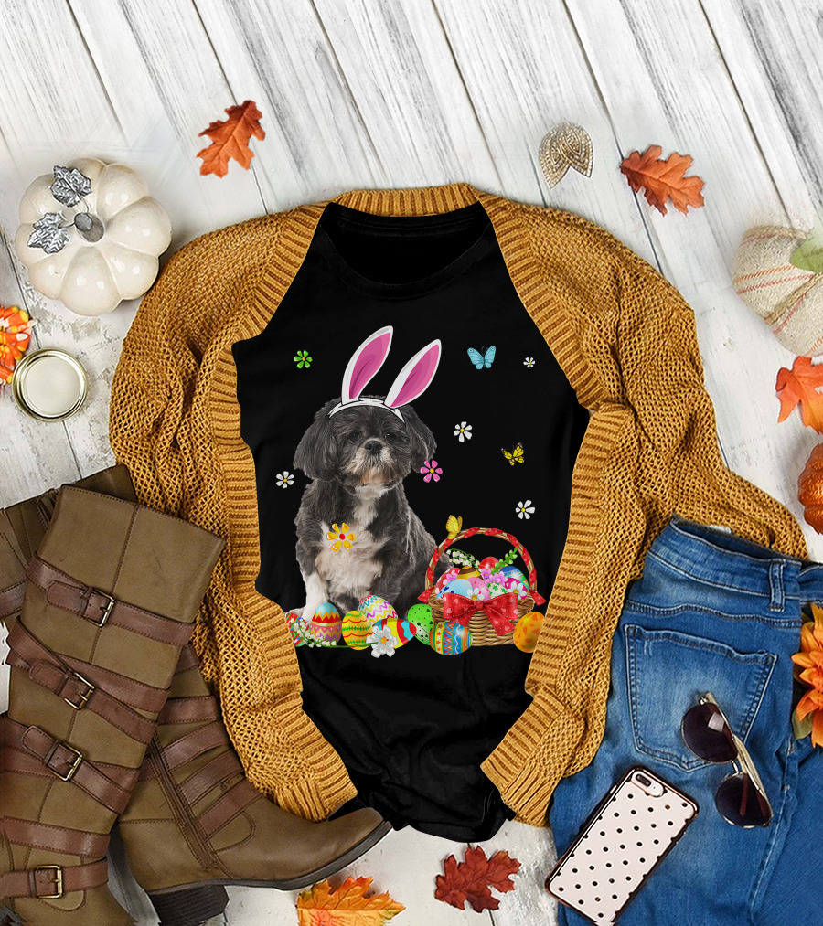 Shih Tzu Happy Easter Dog Lover Bunny Ears and Easter Egg Basket T-Shirt