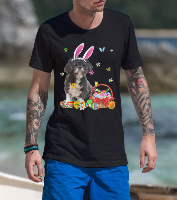 Shih Tzu Happy Easter Dog Lover Bunny Ears And Easter Egg Basket T-Shirt