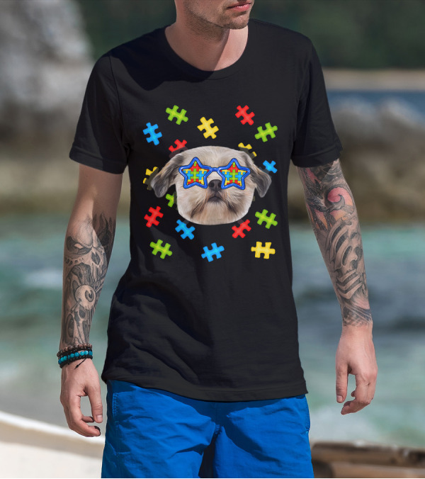 Shih Tzu Puppies Autism Puzzle Star Sunglasses T-Shirt
