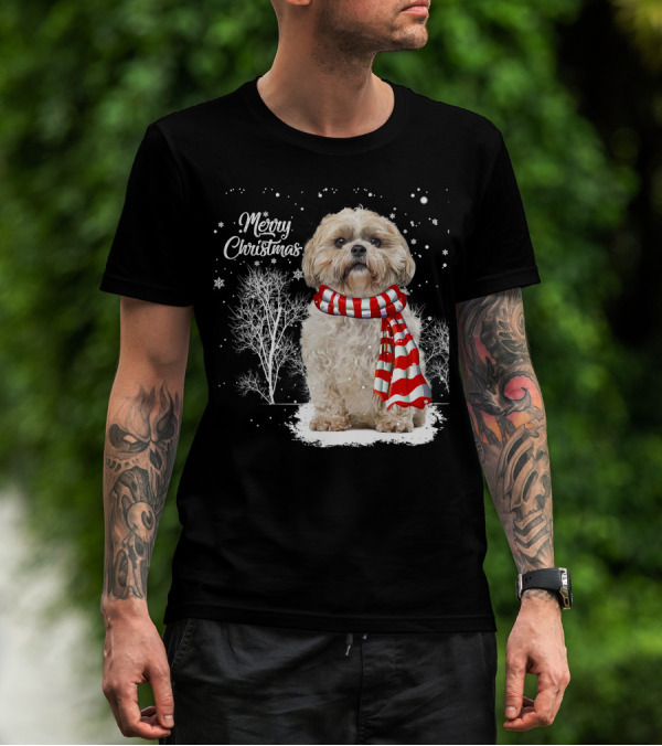 Shih Tzu Christmas Puppy Dog Lover Family Mat With Festive Scarf Snowflakes And Winter Trees T-Shirt