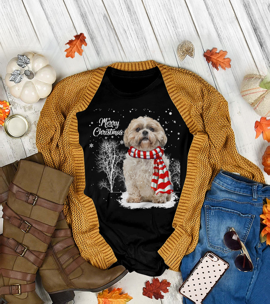 Shih Tzu Christmas Puppy Dog Lover Family Mat with Festive Scarf Snowflakes and Winter Trees T-Shirt