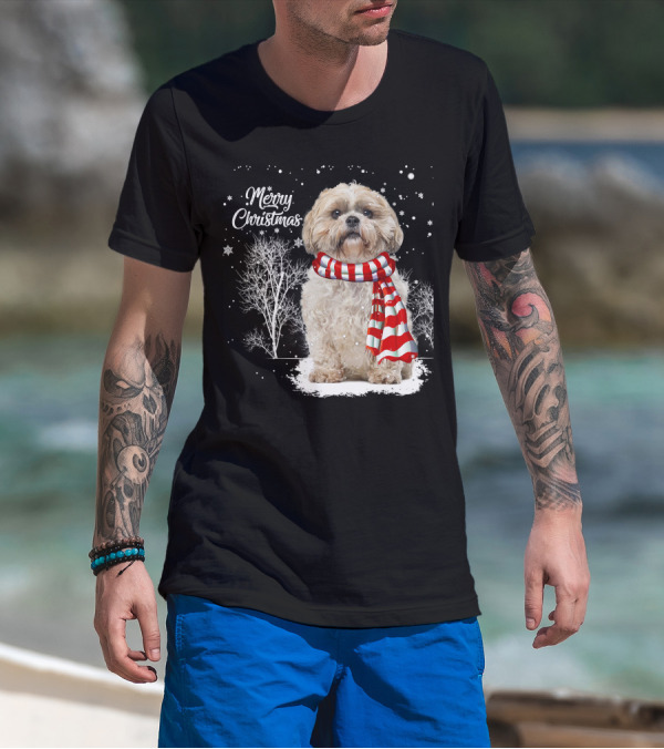 Shih Tzu Christmas Puppy Dog Lover Family Mat With Festive Scarf Snowflakes And Winter Trees T-Shirt