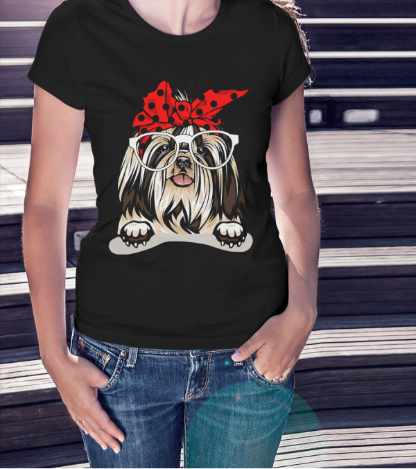 Shih Tzu Christmas Red Plaid Headband Glasses T-Shirt